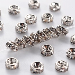 Honeyhandy Brass Rhinestone Spacer Beads, Grade AAA, Straight Flange, Nickel Free, Platinum Metal Color, Rondelle, Crystal, 4x2mm, Hole: 1mm