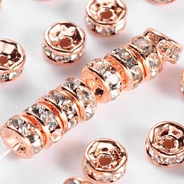 Honeyhandy Brass Rhinestone Spacer Beads, Grade AAA, Straight Flange, Nickel Free, Rose Gold Metal Color, Rondelle, Crystal, 4x2mm, Hole: 1mm