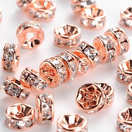 Honeyhandy Brass Rhinestone Spacer Beads, Grade AAA, Straight Flange, Nickel Free, Rose Gold Metal Color, Rondelle, Crystal, 6x3mm, Hole: 1mm