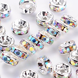 Honeyhandy Brass Rhinestone Spacer Beads, Grade AAA, Straight Flange, Nickel Free, Silver Color Plated, Rondelle, Crystal AB, 6x3mm, Hole: 1mm