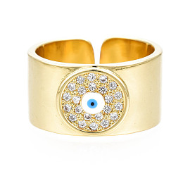 Honeyhandy Evil Eye Enamel Wide Band Cuff Ring, Real 18K Gold Plated Brass Cubic Zirconia Open Ring for Women, Nickel Free, Cyan, US Size 6 1/2(16.9mm)