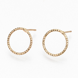 Honeyhandy Brass Stud Earrings, Nickel Free, Textured Ring, Real 18K Gold Plated, 12mm, Pin: 0.7mm