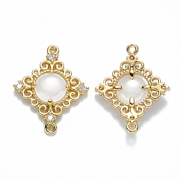 Honeyhandy Glass Links connectors, with Eco-Friendly Alloy Open Back Berzel Findings and Clear Cubic Zirconia, Rhombus, Nickel Free, Light Gold, Creamy White, 23.5x19x4.5mm, Hole: 1.2mm