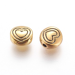 Honeyhandy Tibetan Style Alloy Beads, Flat Round with Heart, Antique Golden, Lead Free & Cadmium Free & Nickel Free, 6x6x3mm, Hole: 1.5mm