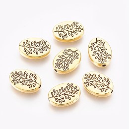 Honeyhandy Tibetan Style Alloy Beads, Oval with Leaf, Antique Golden, Lead Free and Cadmium Free and Nickel Free, 14x10x3mm, Hole: 1.5mm