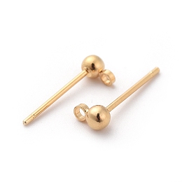 Honeyhandy Brass Stud Earrings Findings, with Loop, Long-Lasting Plated, Nickel Free, Real 18K Gold Plated, Round, 13mm, Hole: 1mm, Pin: 0.7mm, Ball: 3mm in diameter