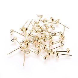 Honeyhandy Brass Stud Earring Findings, with Loop, Nickel Free, Real 18K Gold Plated, 14mm, Hole: 1.4mm, Pin: 0.7mm, Ball: 3mm in diameter