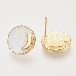 Honeyhandy Brass Stud Earring Findings, with Enamel and Loop, Flat Round with Moon, Real 18K Gold Plated, Nickel Free, Creamy White, 14x4mm, Hole: 1mm, Pin: 1mm