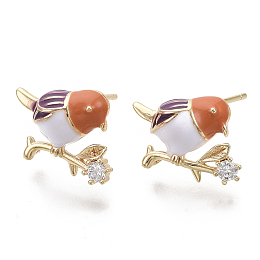 Honeyhandy Brass Micro Pave Clear Cubic Zirconia Stud Earring Findings, with Enamel and Loop, Real 18K Gold Plated, Nickel Free, Bird, Coral, 11x16mm, Hole: 0.8mm, Pin: 1mm