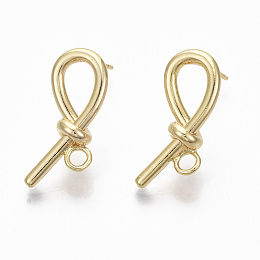 Honeyhandy Brass Stud Earring Findings, with 925 Sterling Silver Pins and Loops, Nickel Free, Knot, Real 18K Gold Plated, 22x9mm, Hole: 2mm, Pin: 0.7mm