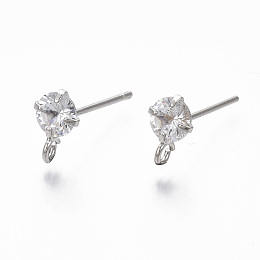 Honeyhandy Brass Micro Clear Cubic Zirconia Stud Earring Findings, with Loop and 925 Sterling Silver Pins, Nickel Free, Real Platinum Plated, 8.5x5.5mm, Hole: 1.5mm, Pin: 0.7mm