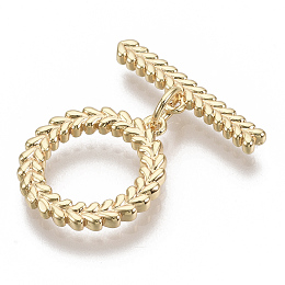 Honeyhandy Brass Toggle Clasps, Nickel Free, Leaf, Real 18K Gold Plated, 24mm, Bar: 20x5x2mm, hole: 1.2mm, Ring: 17x15x2mm, hole: 1.2mm, Jump Ring: 5x1mm