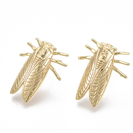 Honeyhandy Brass Earring Findings, with 925 Sterling Silver Pins and Loop, Cicada, Nickel Free, Real 18K Gold Plated, 23x19mm, Hole: 1.2mm, Pin: 0.8mm