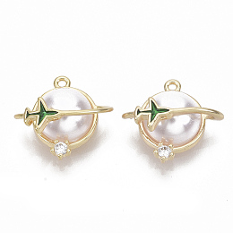 Honeyhandy Brass Cubic Zirconia Charms, Nickel Free, with Enamel and ABS Plastic Imitation Pearl, Planet and Plane, Real 18K Gold Plated, 13.5x14x7mm, Hole: 1mm