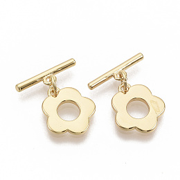 Honeyhandy Brass Toggle Clasps, with Jump Rings, Nickel Free, Flower, Real 18K Gold Plated, Flower: 14.5x13x1.5mm, Hole: 1.2mm, Bar: 16x2mm, Hole: 1.2mm, Jump Ring: 5x0.8mm.