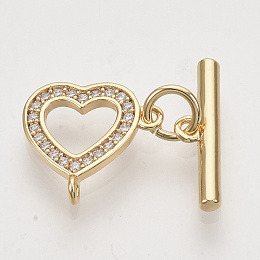 Honeyhandy Brass Micro Pave Clear Cubic Zirconia Toggle Clasps, with Jump Rings, Nickel Free, Heart, Real 18K Gold Plated, Heart: 12x12.5x1.5mm, Hole: 1mm, Bar: 15x2mm, Hole: 1mm, Jump Ring: 5x0.8mm, 3mm Inner Diameter