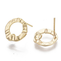 Honeyhandy Brass Stud Earring Findings, with Loop, Real 18K Gold Plated, Nickel Free, Ring, 12.5x12mm, Hole: 2.5mm, Pin: 0.8mm