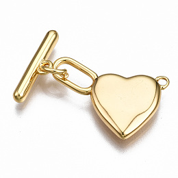 Honeyhandy Brass Toggle Clasps, Nickel Free, Heart, Real 18K Gold Plated, 25mm long, Bar: 15x4.5x2.5mm, hole: 1.4mm, Jump Ring: 5x1mm, Inner Diameter: 3mm, Heart: 20X14X3mm, Hole: 1.2mm and 3x7mm