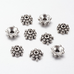 ARRICRAFT Tibetan Style Alloy Bead Caps, Lead Free, Cadmium Free and Nickel Free, Antique Silver, Flower, about 8mm in diameter, 3mm thick, hole: 1mm