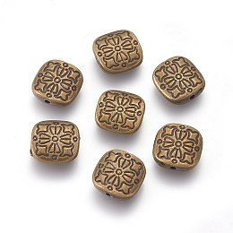 Honeyhandy Tibetan Style Alloy Beads, Square with Flower, Antique Bronze, Lead Free & Cadmium Free & Nickel Free, 10.5x10.5x3.5mm, Hole: 1.5mm