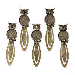 Honeyhandy Iron Bookmark Cabochon Settings, Cadmium Free & Nickel Free & Lead Free, with Alloy Tray, Flat Round with Owl, Antique Bronze, 88x23x4mm, Tray: 20mm