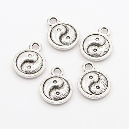 Honeyhandy Feng Shui Tibetan Style Alloy Charms Pendants, Cadmium Free & Nickel Free & Lead Free, Flat Round Carved Yin Yang, Antique Silver, 10x2.5mm, Hole: 2mm