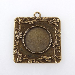 Honeyhandy Vintage Tibetan Style Alloy Square Carved Branch Pendant Cabochon Bezel Settings, Cadmium Free & Nickel Free & Lead Free, Antique Bronze, Flat Round Tray: 20mm, 40.5x36x2mm, Hole: 3mm