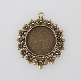 Honeyhandy Vintage Tibetan Style Alloy Flower Pendant Cabochon Bezel Settings, Cadmium Free & Nickel Free & Lead Free, Antique Bronze, Flat Round Tray: 25mm, 49x41x3mm, Hole: 3mm