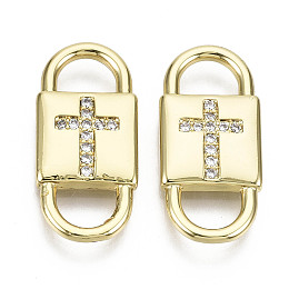 Honeyhandy Brass Micro Pave Clear Cubic Zirconia Links Connectors, Nickel Free, Lock with Cross, Real 16K Gold Plated, 22x10x2mm, Hole: 6x4mm