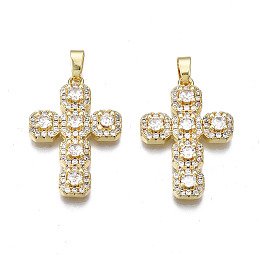 Honeyhandy Brass Micro Pave Cubic Zirconia Pendants, Real 16K Gold Plated, Nickel free, Cross, Clear, 27x18.5x4mm, Hole: 2.5x5mm