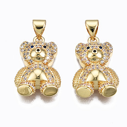 Honeyhandy Brass Micro Pave clear Cubic Zirconia Pendants, Nickel free, Bear, Real 16K Gold Plated, 20x13x6mm, Hole: 3x5mm