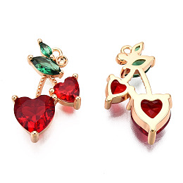 Honeyhandy Brass Dark Red & Green Cubic Zirconia Pendants, Nickel Free, Cherry, Real 18K Gold Plated, 16.5x10x4mm, Hole: 0.9mm