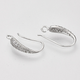 Honeyhandy Brass Micro Pave Cubic Zirconia Earring Hooks, with Horizontal Loop, Nickel Free, Clear, Real Platinum Plated, 19~20x10~11x4mm, Hole: 2mm, 21 Gauge, Pin: 0.7mm