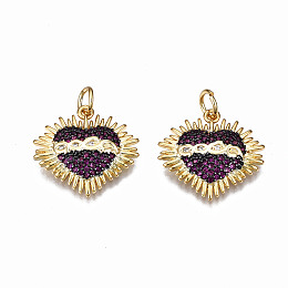 Honeyhandy Brass Micro Pave Cubic Zirconia Pendants, with Jump Rings, Nickel Free, Heart, Real 16K Gold Plated, Purple, 17.5x18.5x3mm, Jump Ring: 5x0.8mm, 3mm inner diameter