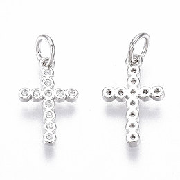 Honeyhandy Brass Micro Pave Cubic Zirconia Tiny Cross Charms, with Jump Ring, Nickel Free, Clear, Real Platinum Plated, 14x8.5x1.5mm, Hole: 3mm