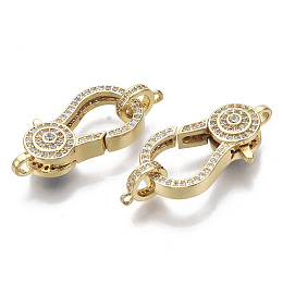 Honeyhandy Brass Micro Pave Clear Cubic Zirconia Lobster Claw Clasps, with Tube Bails, Nickel Free, Flat Round, Real 16K Gold Plated, Clasp: 27x14x7mm, Hole: 1.5x2mm, Tube Bails: 9.5x7.5x1.5mm, hole: 1.2mm