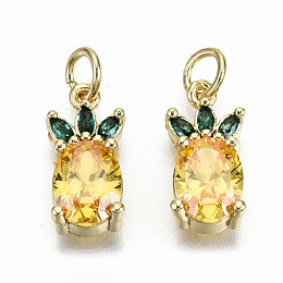 Honeyhandy Brass Micro Pave Gold Cubic Zirconia Charms, with Jump Rings, Nickel Free, Pineapple, Real 16K Gold Plated, 14.5x7x4.5mm, Jump Ring: 5x0.8mm, 3.4mm inner diameter