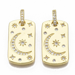 Honeyhandy Brass Micro Pave Cubic Zirconia Pendants, with Jump Rings, Nickel Free, Oval with Moon & Star, Clear, Real 16K Gold Plated, 25.5x14x2mm, Jump Rings: 9x5.5x2, 2.5x4.5mm Inner Diameter.