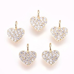 Honeyhandy Brass Micro Pave Cubic Zirconia Charms, Nickel Free, Heart, Clear, Real 18K Gold Plated, 7x5x1.5mm, Hole: 1.8mm