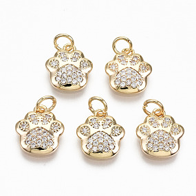 Honeyhandy Brass Micro Pave Clear Cubic Zirconia Charms, with Jump Rings, Nickel Free, Dog Paw Prints, Real 18K Gold Plated, 11.5x10.5x2.5mm, Jump Ring: 4.5x0.7, Inner Diameter: 3mm