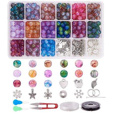 PandaHall Elite 15 Color 8mm Baking Painted Glass Beads for Jewelry Making with 5 Style Charms Pendants, Spacers Beads, Iron Pins, Jump Rings, Needle Threader, Elastic Thread and Scissors