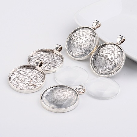 DIY Necklace Pendant Making, Alloy Pendant Cabochon Settings and Clear Circle Domed Glass Cabochon Cover, Nickel Free, Antique Silver, Pendant: 41x32x4mm, Hole: 4mm; Tray: 30mm; Glass Cabochon: 30x8mm
