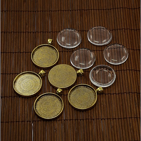30mm Clear Glass Cabochons and Nickel Free Antique Golden Metal Alloy Pendant Cabochon Settings, Pendant: 41x32x3mm, Hole: 4mm, Tray: 30mm