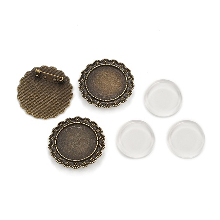Honeyhandy 25mm Transparent Glass Cabochons and Vintage Alloy Flower Brooch Cabochon Bezel Settings, Nickel Free, Antique Bronze, Cabochon Setting: 35.5mm, Tray: 25mm, Pin: 0.8mm