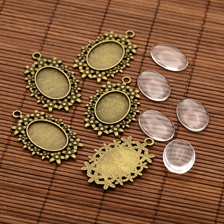 Honeyhandy Vintage Tibetan Style Alloy Flower Pendant Cabochon Bezel Settings and Transparent Oval Glass Cabochons, Nickel Free, Antique Bronze, Tray: 25x18mm, 49x31x2.5mm, Hole: 3mm, Glass Cabochons: 25x18x5mm