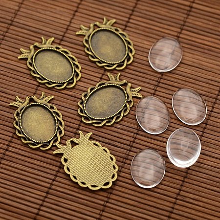 NBEADS 5 Sets Antique Bronze Color Pendant Cabochon, Oval Pendant Blanks Trays Bezel Settings and Clear Glass Cabochons for Cameo Pendants, Photo Jewelry, Necklace and Crafts