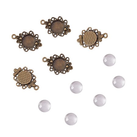 NBEADS 10 Sets Antique Bronze Color Pendant Cabochon, Round Flower Pendant Blanks Trays Bezel Settings and Clear Flat Round Glass Cabochons for Cameo Pendants, Photo Jewelry, Necklace and Crafts