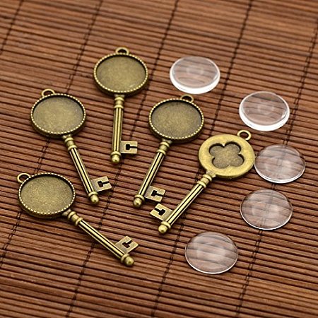 ARRICRAFT 5 Key Pendant Making Sets for Crafting DIY Jewelry Making (Carved Flower Double Sided Skeleton Key Pendant Trays, 20x20 mm Flat Round Glass Cabochons)