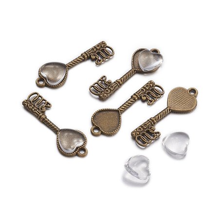 ARRICRAFT 20 Key Pendant Making Sets for Crafting DIY Jewelry Making (Antique Bronze Skeleton Key Pendant Trays, 10x10 mm Heart Glass Dome Tiles Cabochons)