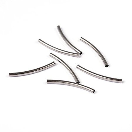 NBEADS 500Pcs Tube Beads, Brass, Curved, Platinum Color, Nickel Free, About 2mm Wide, 25mm Long, Hole: 1mm